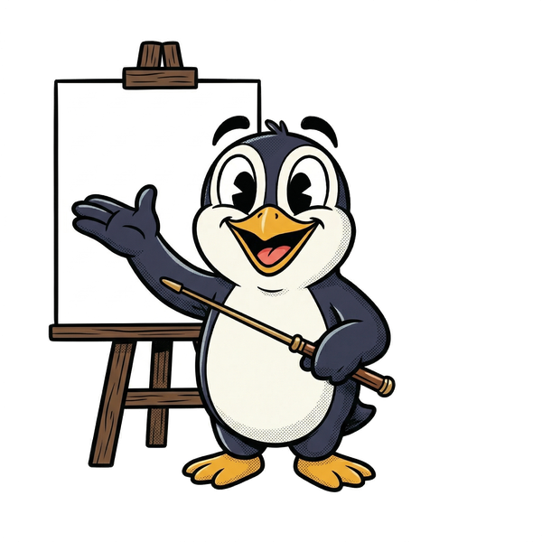 Penguin mascot presenting at an easel