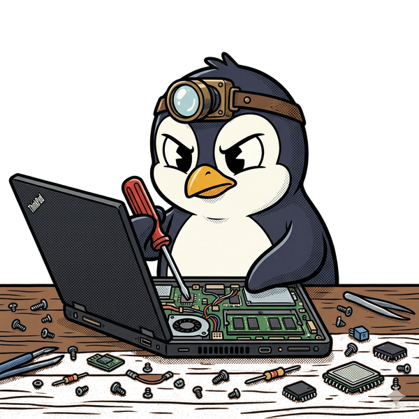 Penguin mascot tinkering with a ThinkPad