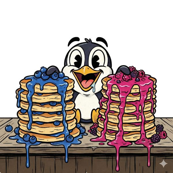 Both Stacks penguin mascot with pancake stacks